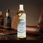 LeTech leather care product with leather accessories on a brown background