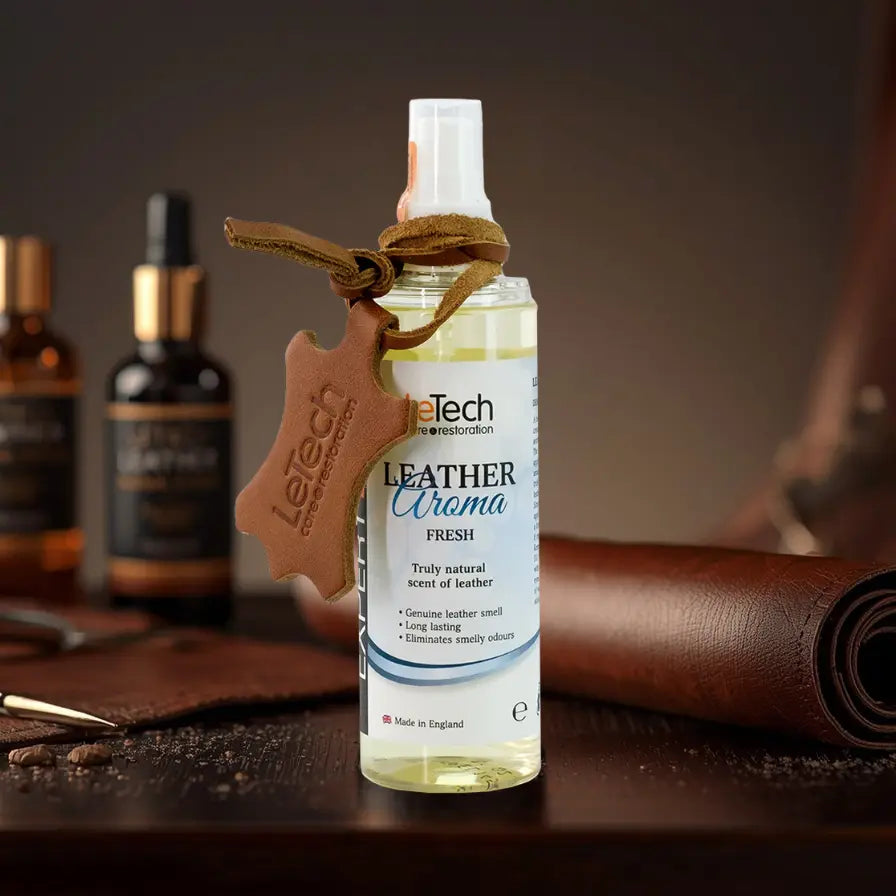 LeTech leather care product with leather accessories on a brown background