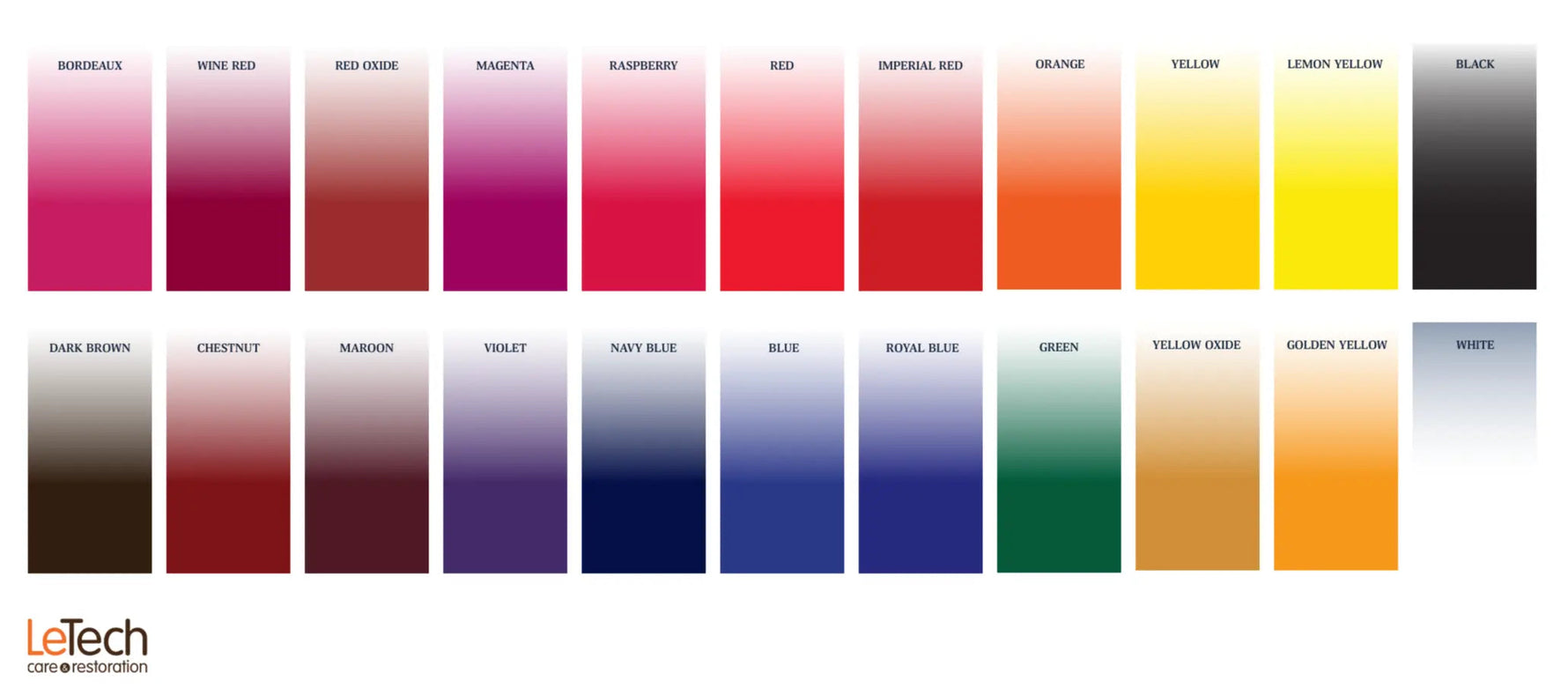 Color swatch chart with various shades of color from LeTech