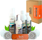 A leather care kit by LeTech USA including various bottles of cleaners and lotions, a brush, and towels, with a box labeled 'Leather Care Kit'.