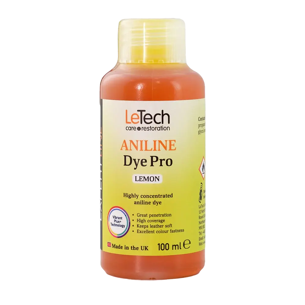 Bottle of LeTech Aniline Dye Pro Lemon on a white background
