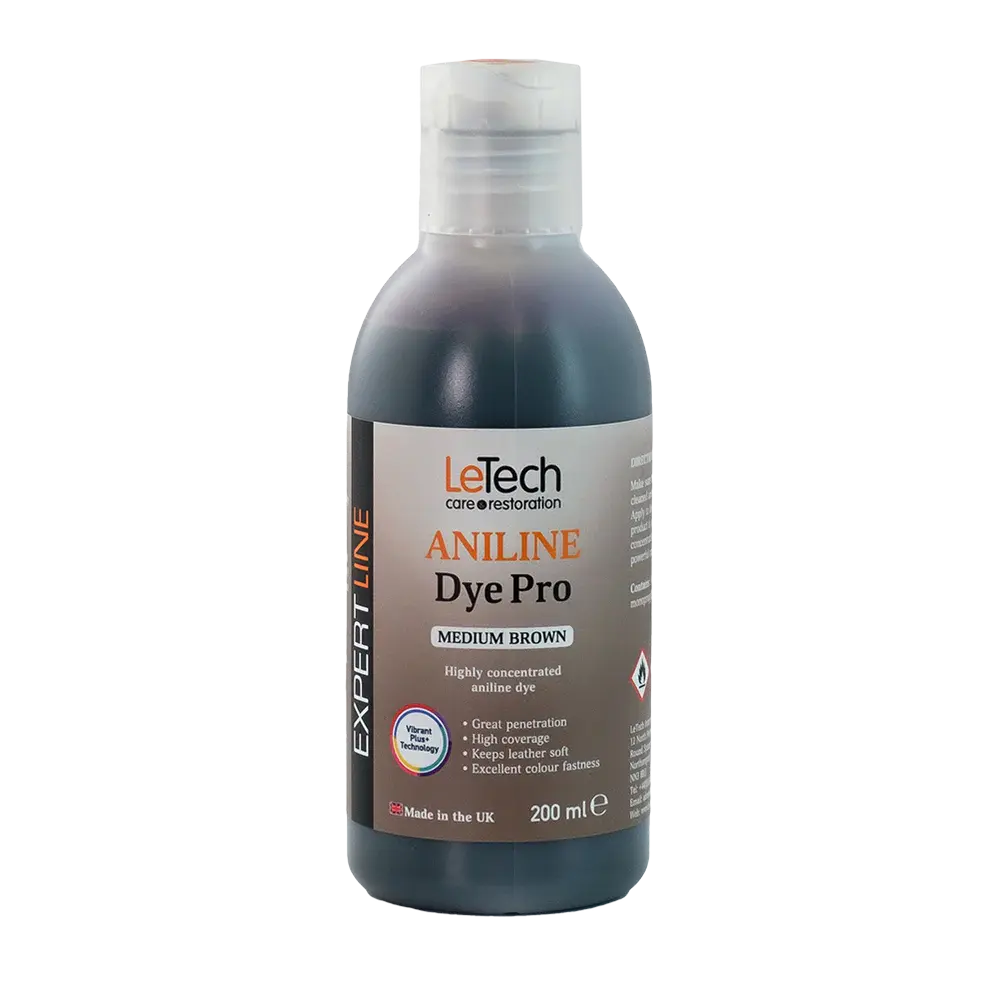 Bottle of LeTech Aniline Dye Pro Medium Brown on a white background