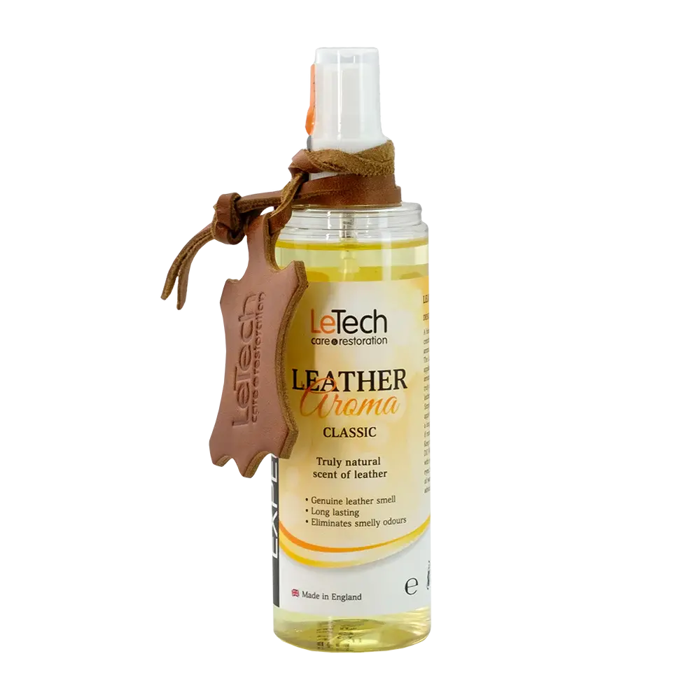 LeTech Leather Aroma bottle with leather strap on a white background