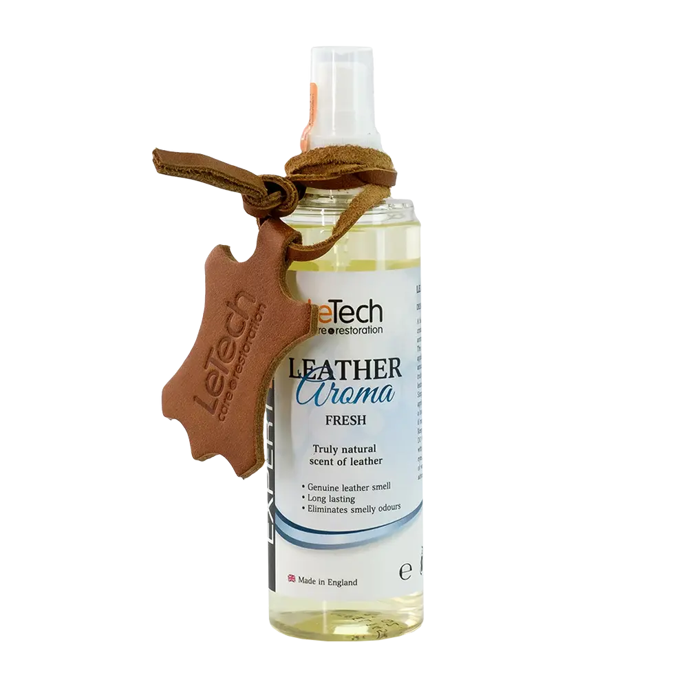 Leather care product with a leather tag on a white background