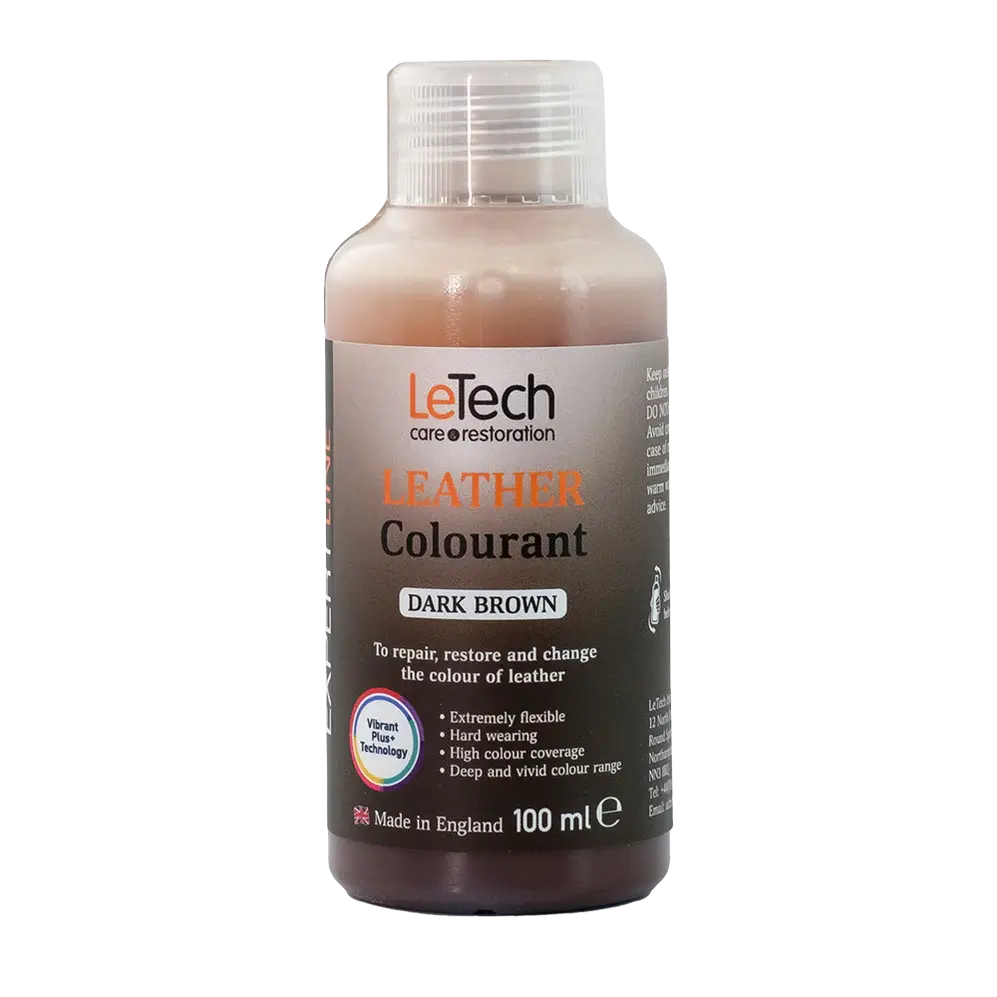 LeTech leather colourant bottle for dark brown on a white background