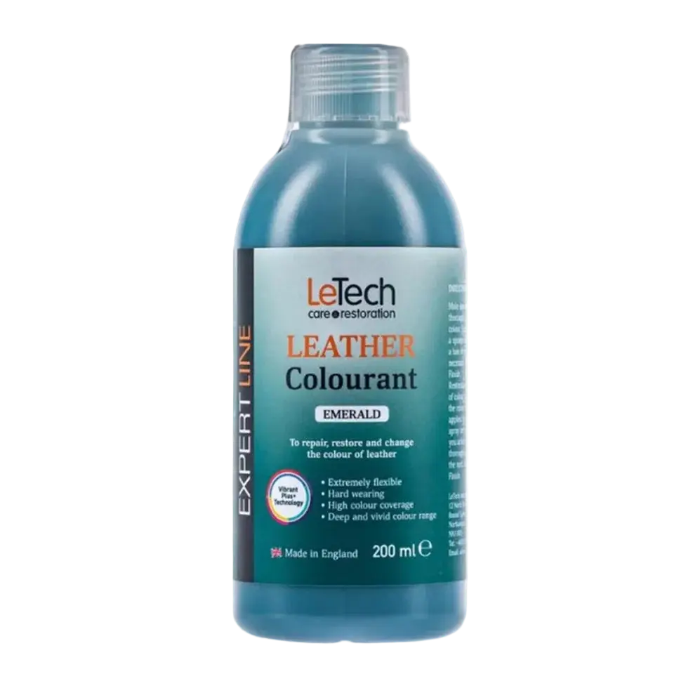 LeTech leather colourant bottle in emerald color on a white background