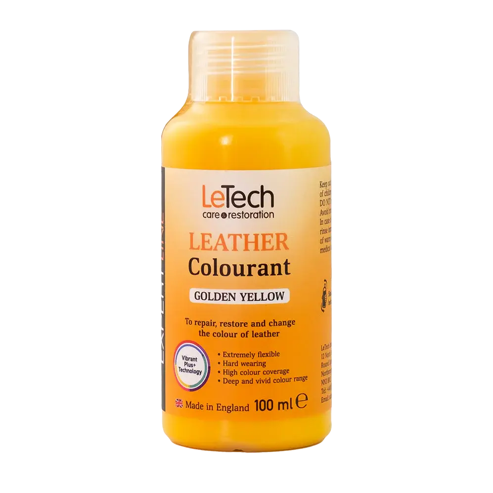 LeTech leather colourant bottle in golden yellow on a white background