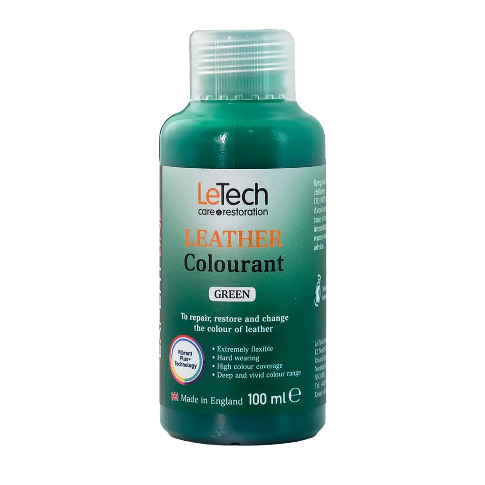 LeTech leather colourant bottle for green color on a white background