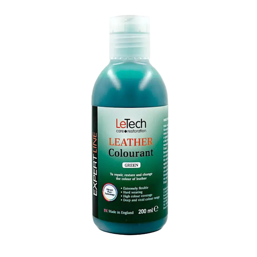 LeTech leather colourant bottle in green on a white background