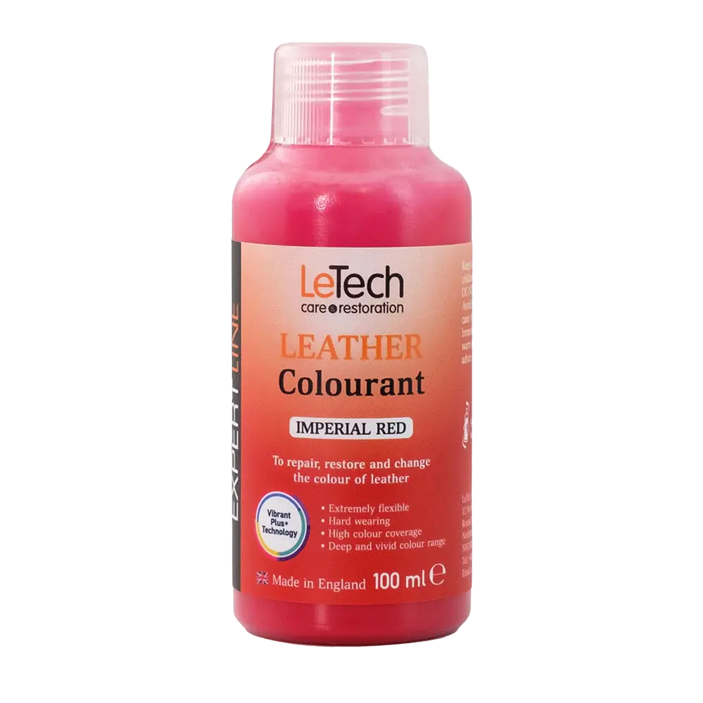 LeTech leather colourant bottle in imperial red on a white background