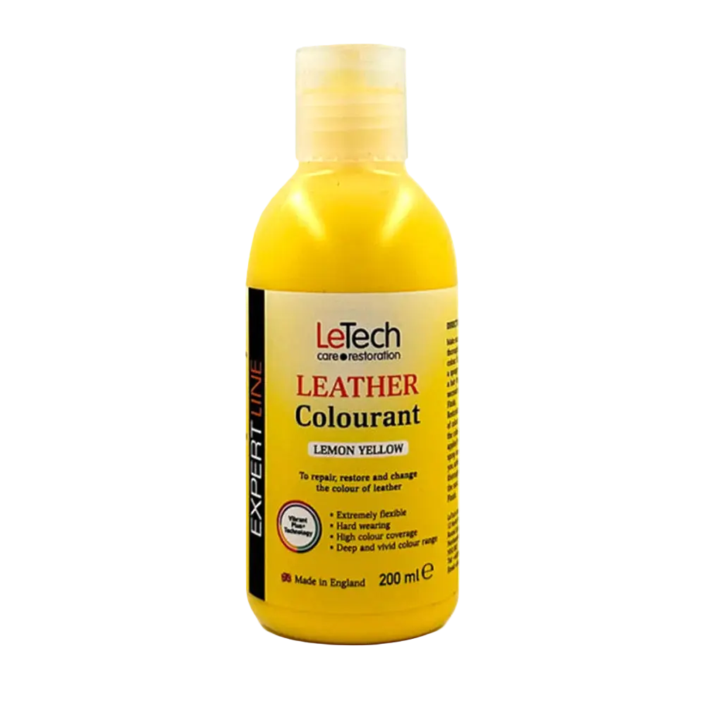 Yellow bottle of LeTech Leather Colourant on a white background