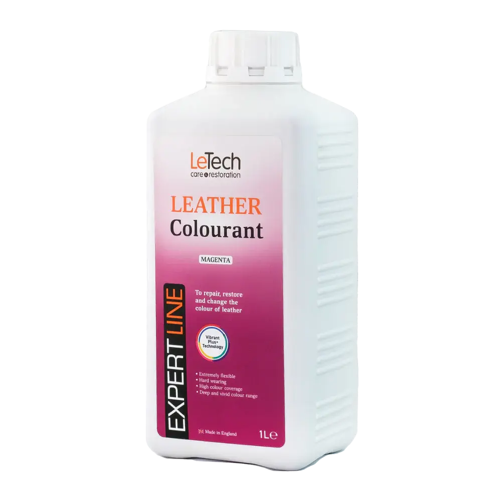 LeTech leather colourant bottle with magenta label on a white background