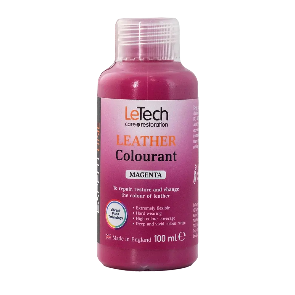 LeTech leather colourant bottle in magenta on a white background