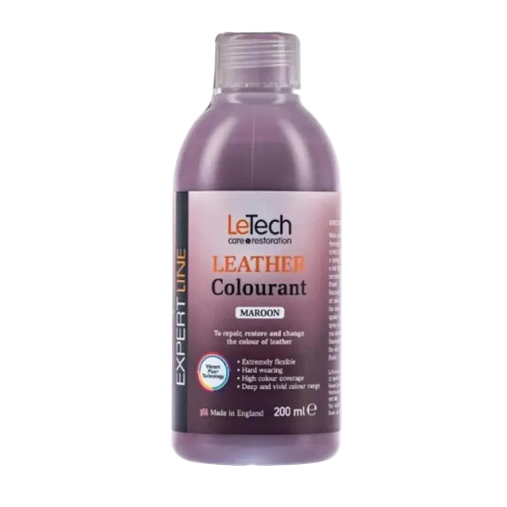 LeTech leather colourant bottle in maroon on a white background