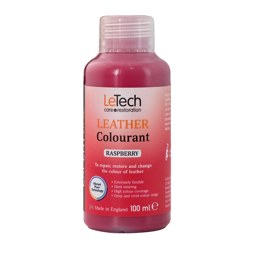 LeTech Leather Colourant bottle in raspberry color on a white background