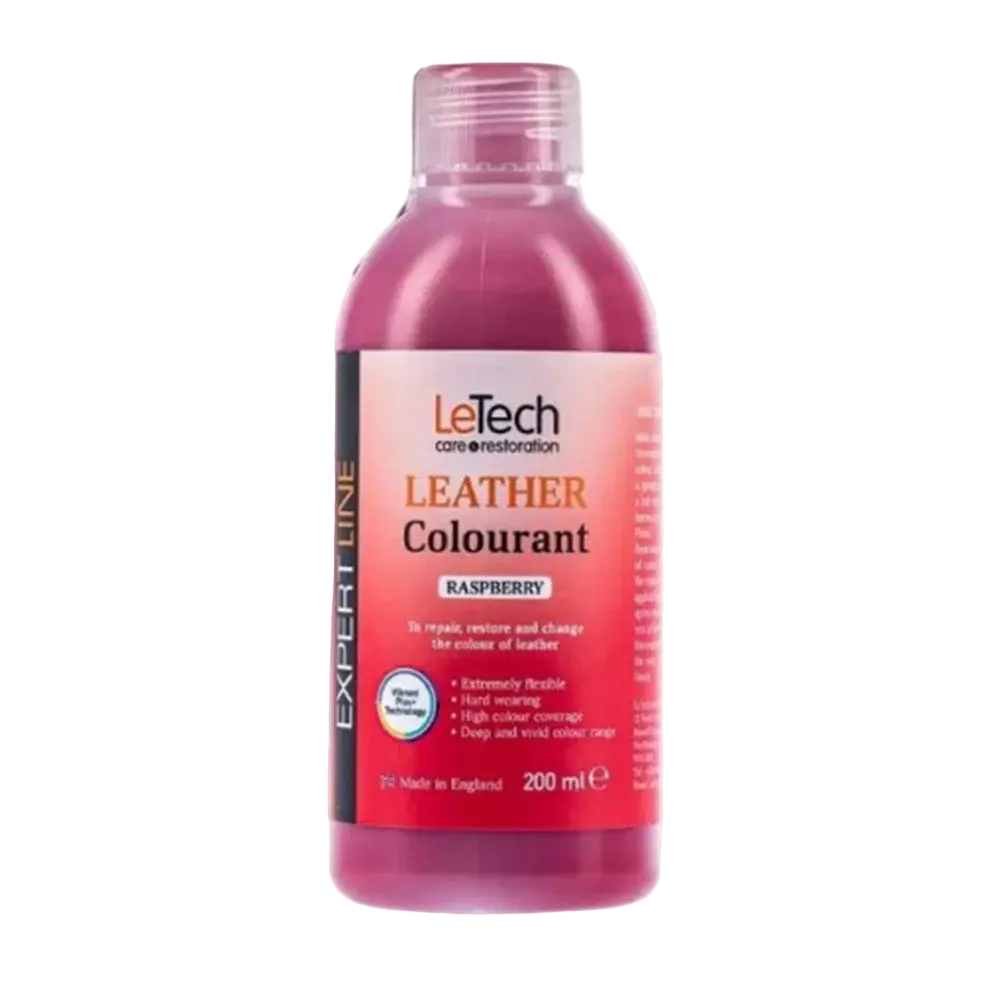 Bottle of LeTech Leather Colourant in Raspberry flavor on a white background