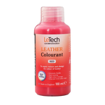 Red bottle of LeTech leather colourant on a white background