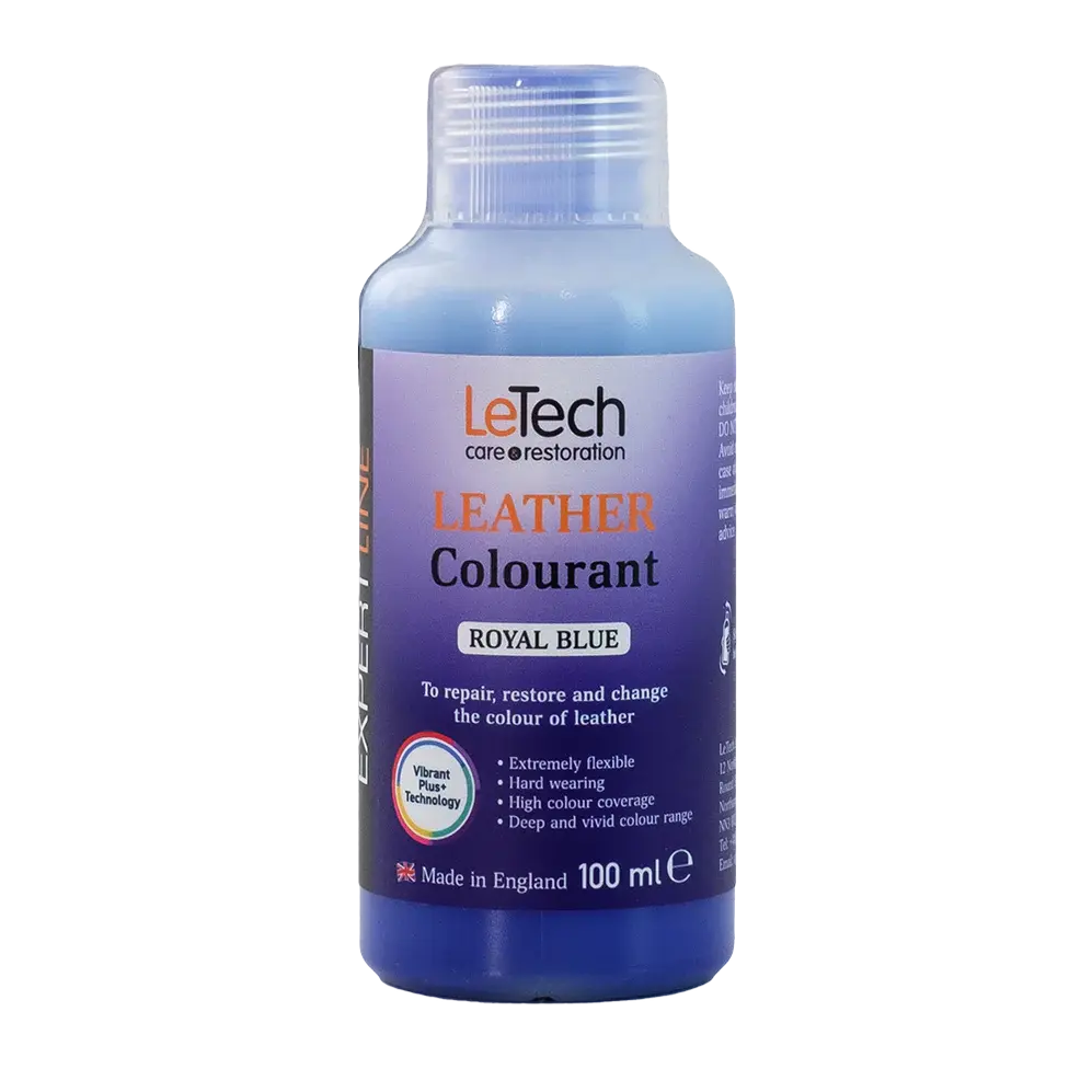 LeTech leather colourant bottle in royal blue on a white background