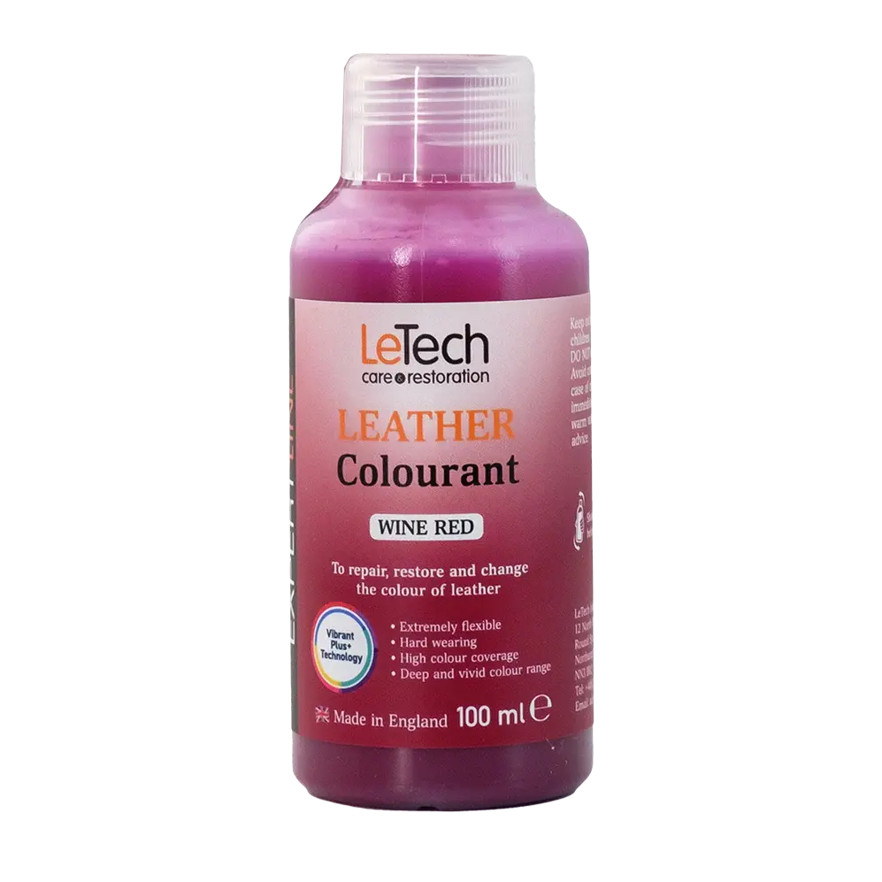 LeTech leather colourant bottle for wine red on a white background