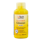 Yellow bottle of LeTech leather colourant on a white background