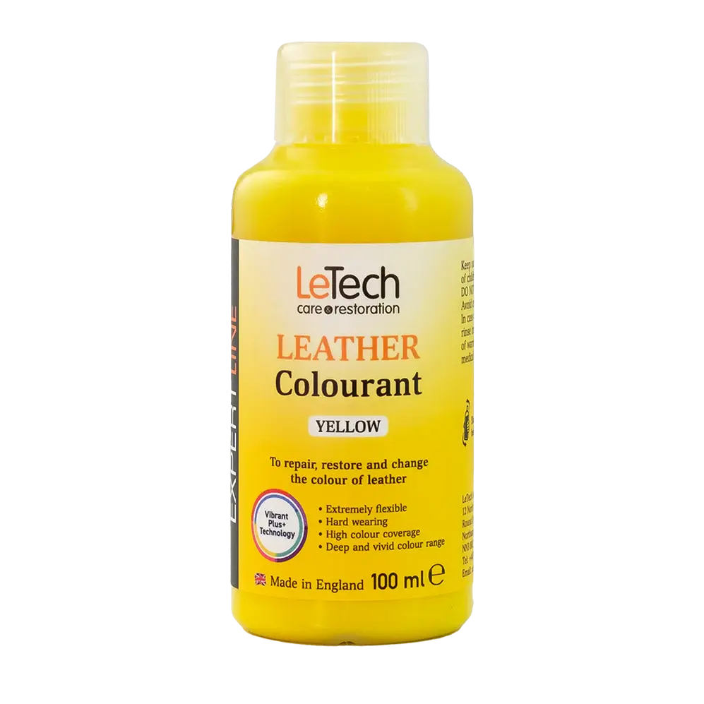 Yellow bottle of LeTech leather colourant on a white background