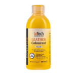 Yellow bottle of LeTech leather colourant on a white background