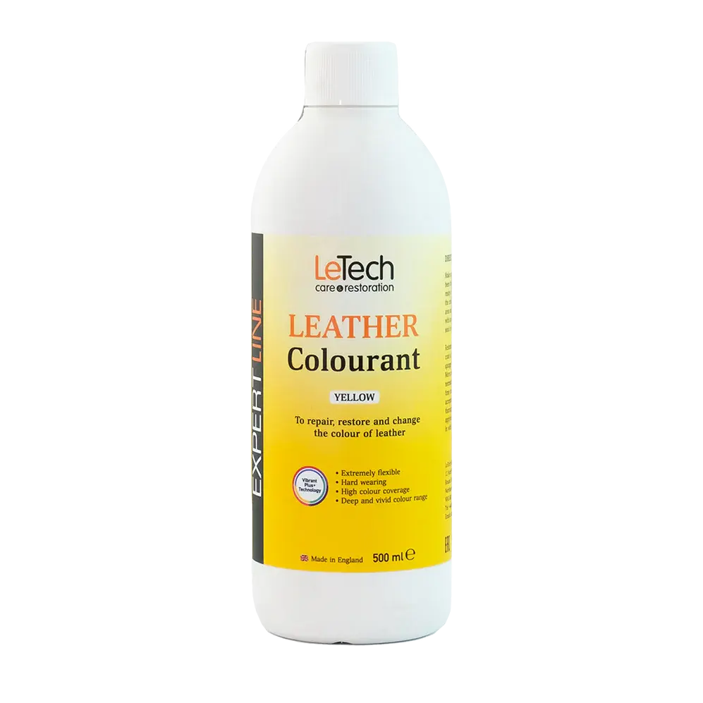 LeTech leather colourant bottle with yellow label on a white background