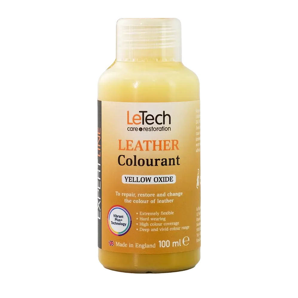 LeTech leather colourant bottle with yellow oxide on a white background